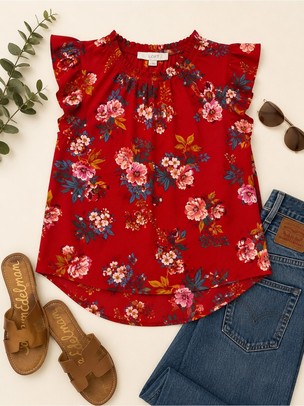 LOFT Red Floral Flutter Sleeve Blouse Size Small Boho Romantic Career Top